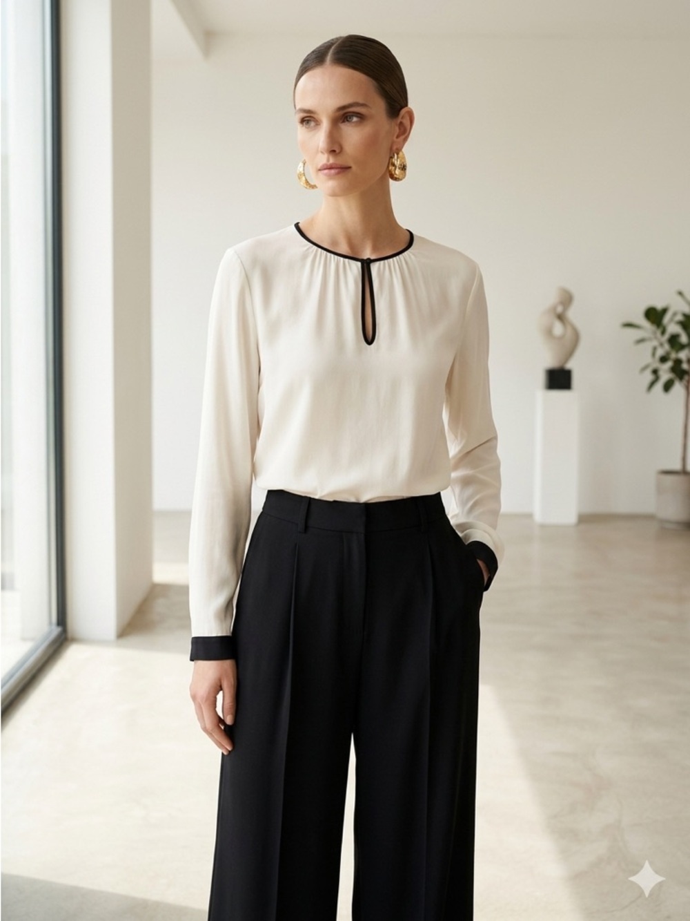 Massimo Dutti Ivory White Mulberry Silk Black Trim Blouse - US 4 (Small)